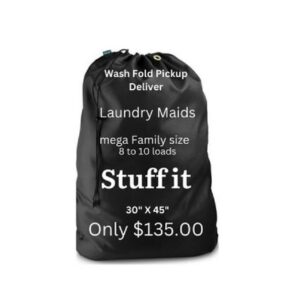 A black laundry bag with the words " stuff it " on it.