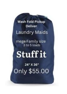 A laundry bag that is blue and has the word " stuff it " on it.