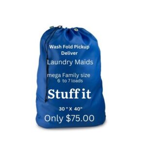 A blue laundry bag with the words " stuff it only $ 7 5. 0 0 ".