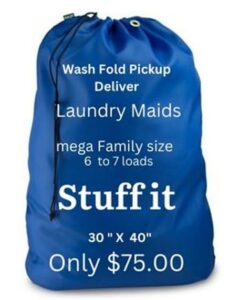 A blue laundry bag with the words " stuff it " on it.