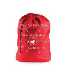 A red laundry bag with the words " stuff it " on it.