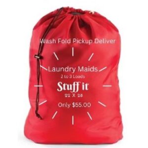 A red laundry bag with the words " stuff it " written on it.