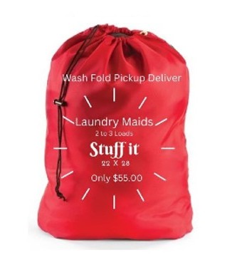 A red laundry bag with the words " stuff it " written on it.