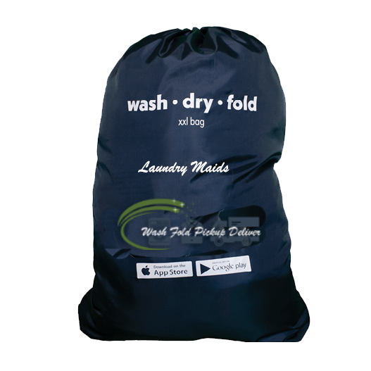 A laundry bag with the words " wash dry fold " on it.